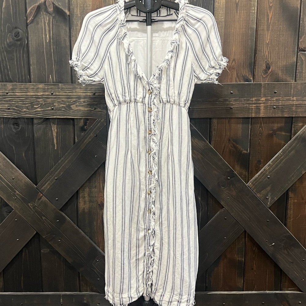 Anthropologie Pilcro Ruffle Collar Midi Dress 4 Striped Linen Blend Coastal Boho